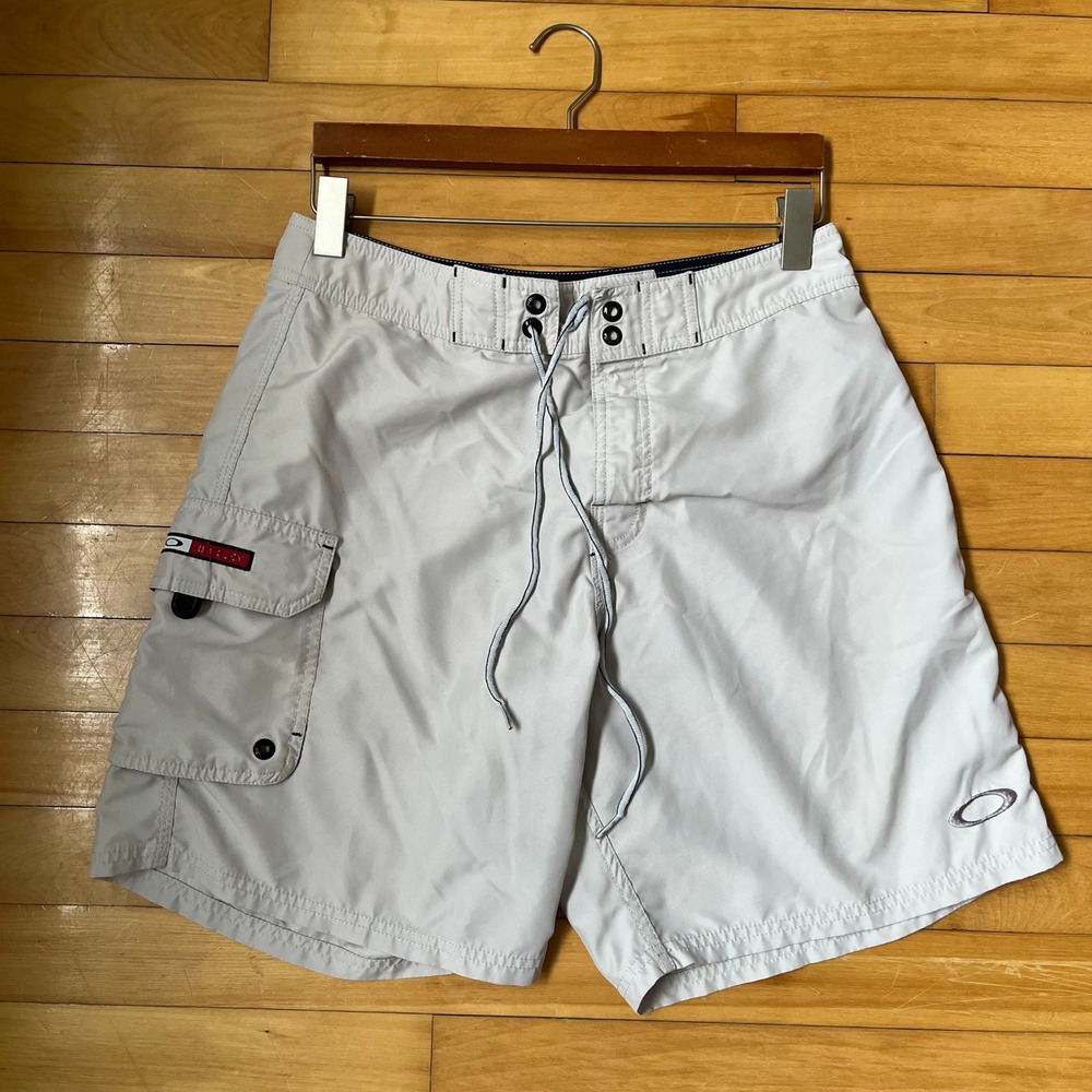 Oakley Mens Y2K Board Shorts Light Gray Cargo Pocket Swim Trunks Size 31